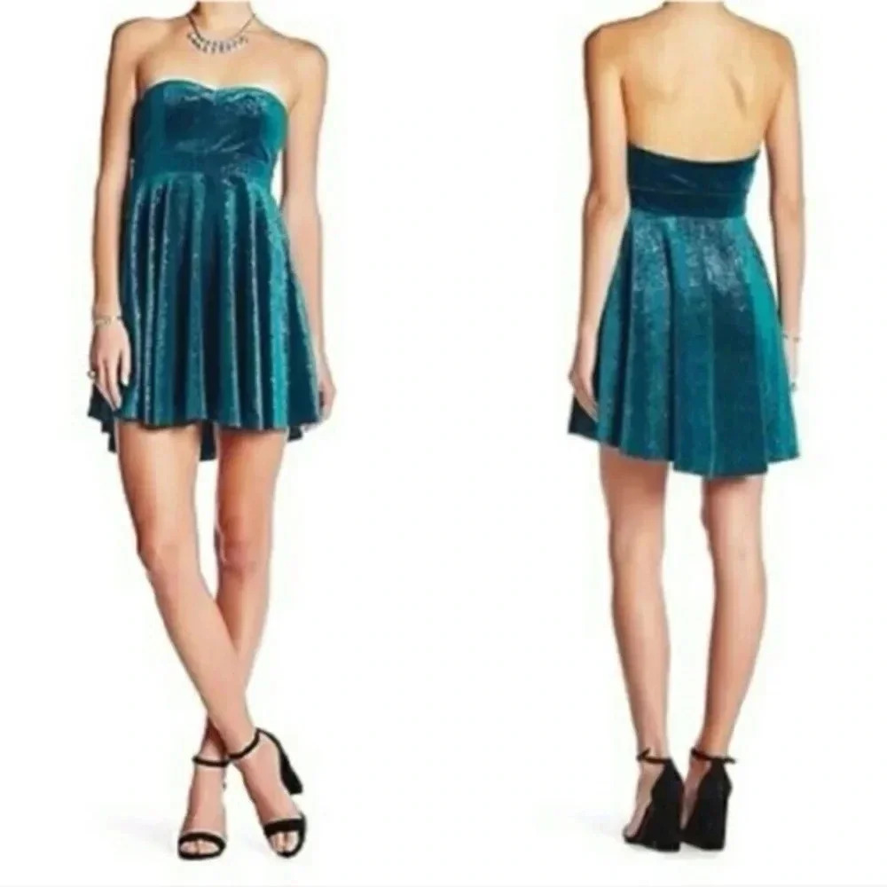Free People Turquoise Shatter Shine Velvet Tube Sparkle Strapless Dress Size M - Picture 2 of 5